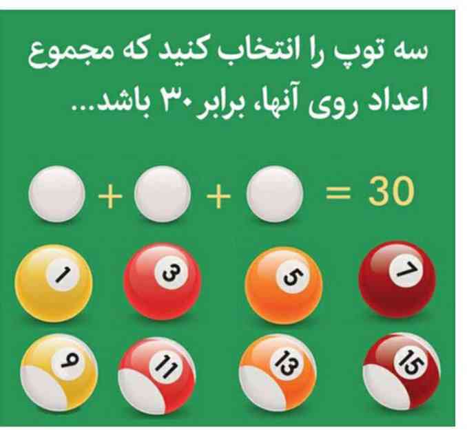 سه توپ را انتخاب کنید که مجموع اعداد روی آنها،برابر ۳۰ باشد