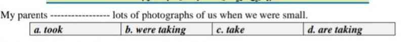 My parents | a. took lots of photographs of us when we were small. b. were taking |c. take d. are taking