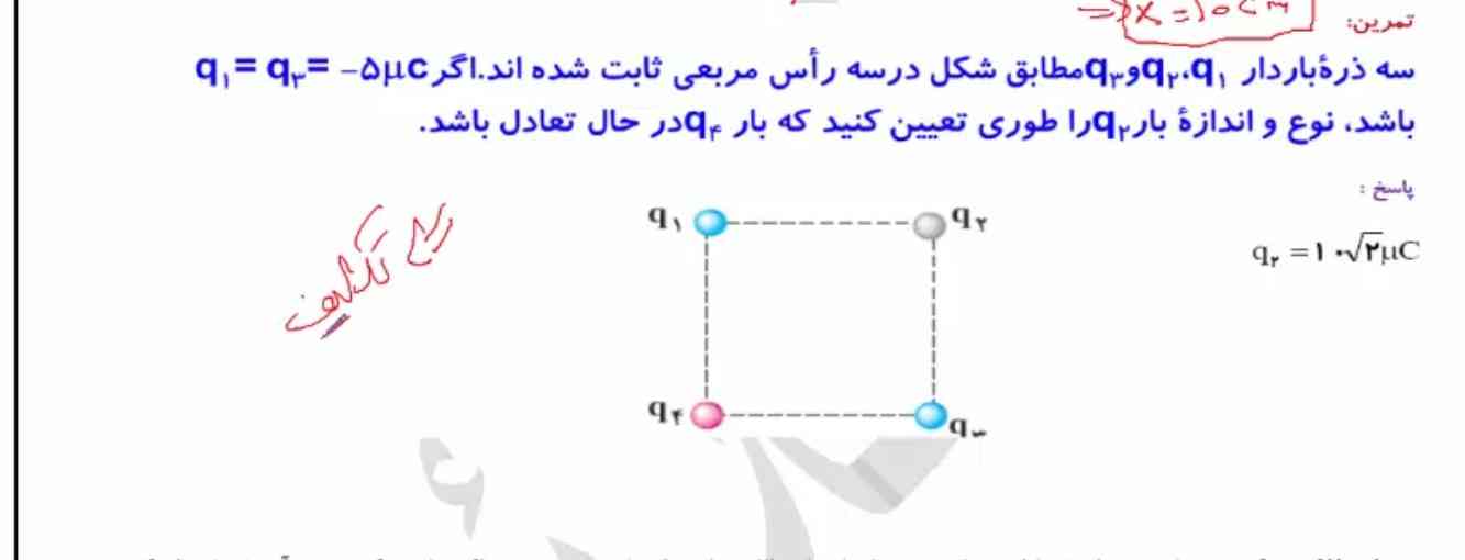 سه ذره باردار q1.q2.q3 مطابق شکل درسه رأس مربعی ثابت شده اند.اگر (میکروکولن)q1=q3=3 باشد. نوع و انداره بار q2  طوری که بار q4دردر حال تعادل باشد

