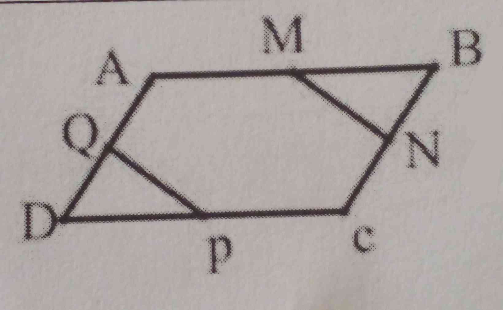 در شکل مقابل ABCDمتوازی الاضلاع است.   M,N,P,Q وسط های اضلاع متوازی الاضلاع اند.
همنهشتی دو مثلث MBN و QDP را ثابت کنید.
