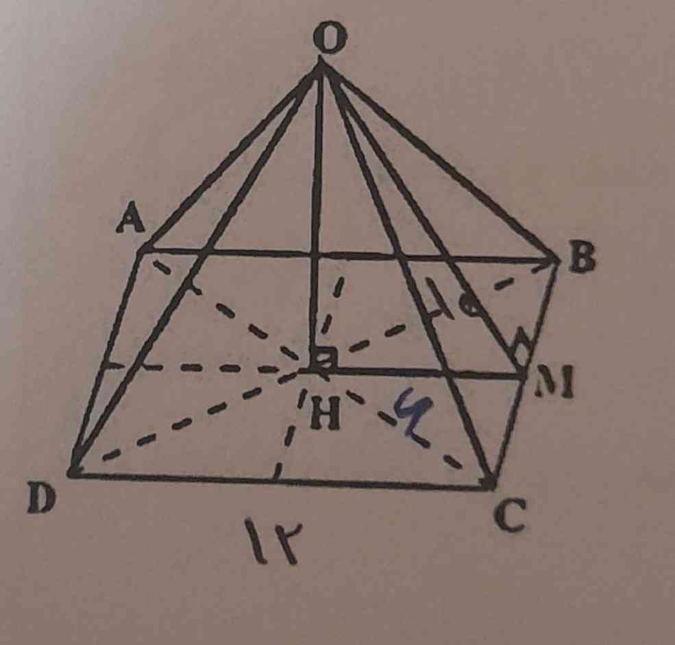 حجم هرمی با قاعده مربع را بدست آورید که ضلع آن ۱۲ cmباشد و وجه ها ی جانبی آن مثلث های متساوی الساقی به ارتفاع10cmباشد .ابتدا ارتفاع هرم را بدست اورید