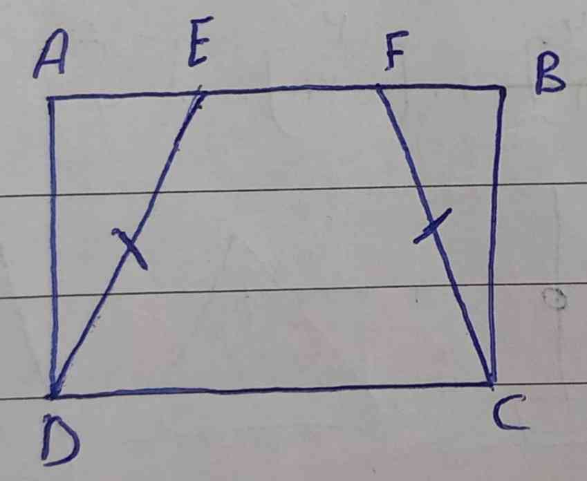 دو مثلث AEDو FBC در مستطیل هستید .اگر نقطه E و F در وسط پاره خط AB قرار گرفته باشند و ED=FC .حالت هم نهشتی دو مثلث را بنویسید سپس اجزای متناظر را پیدا کنید.