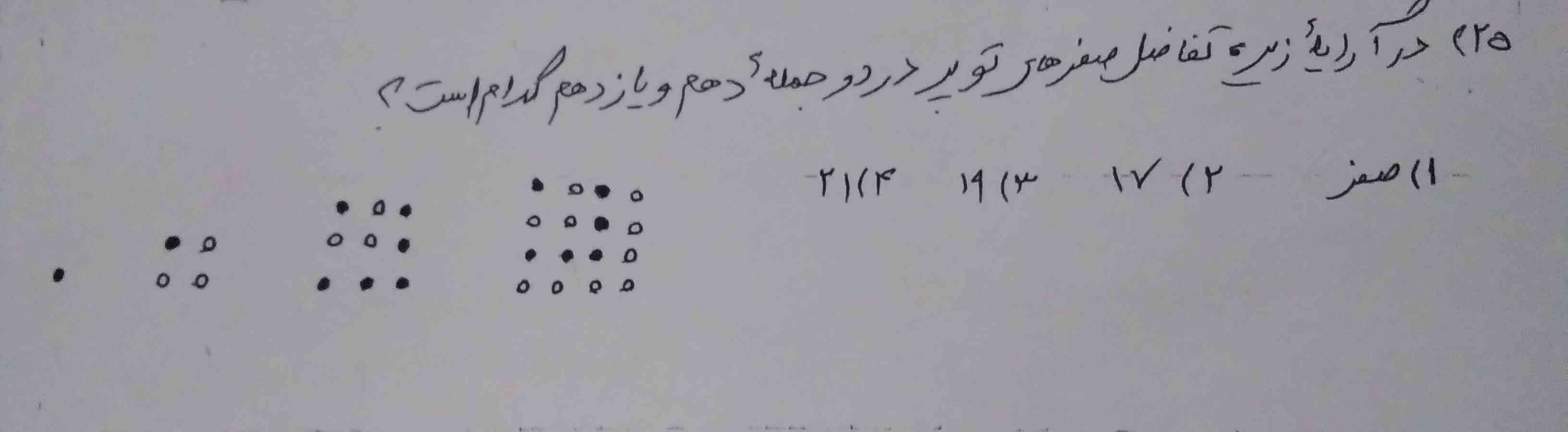 سلام بچه ها میشه زود تر جواب بدید ، تاج میدم ، توضیحتون کامل باشه لطفا، چون هیچی از رابطه این الگو نمی‌فهمم🙃
سوال گفته که تفاضل نقطه های تو پر در دو جمله دهم و یازدهم کدام است؟