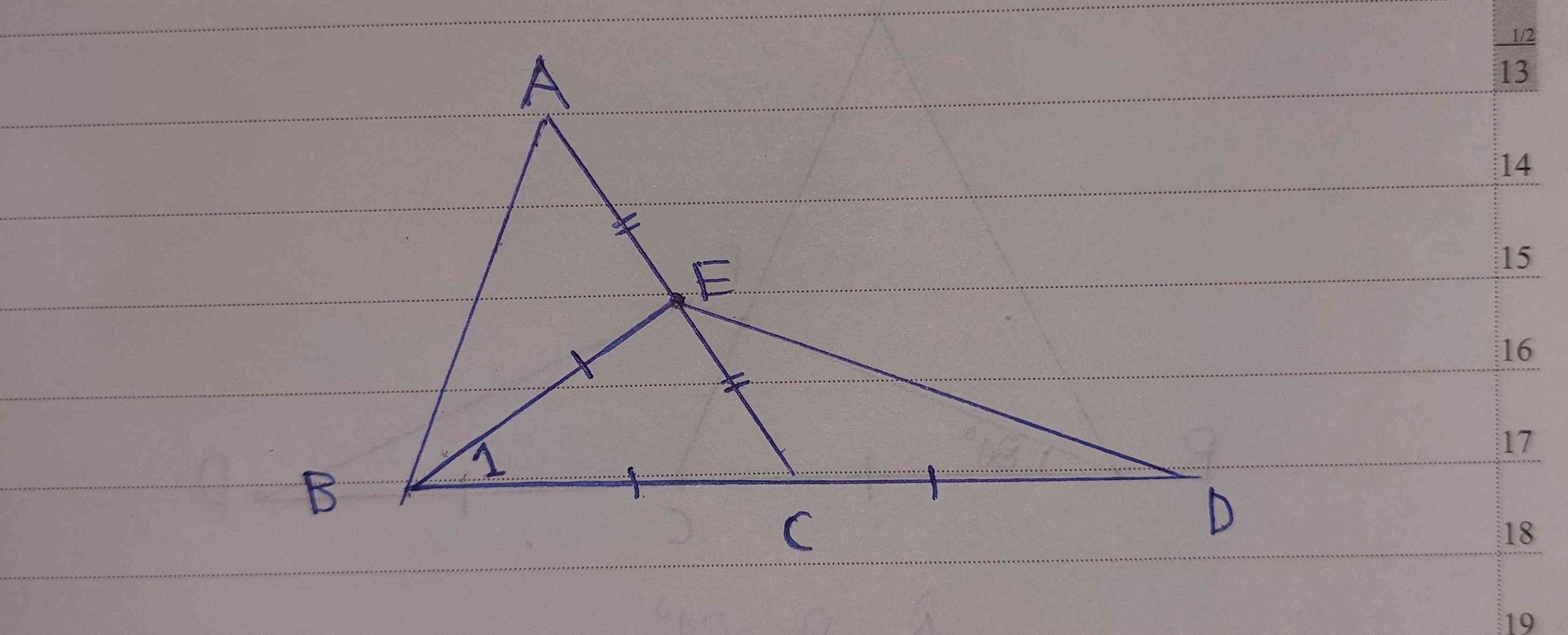 در شکل زیر اگر 
A+D=61°
اندازه زاویه B1(که تو مثلث BED هست)
چقدره