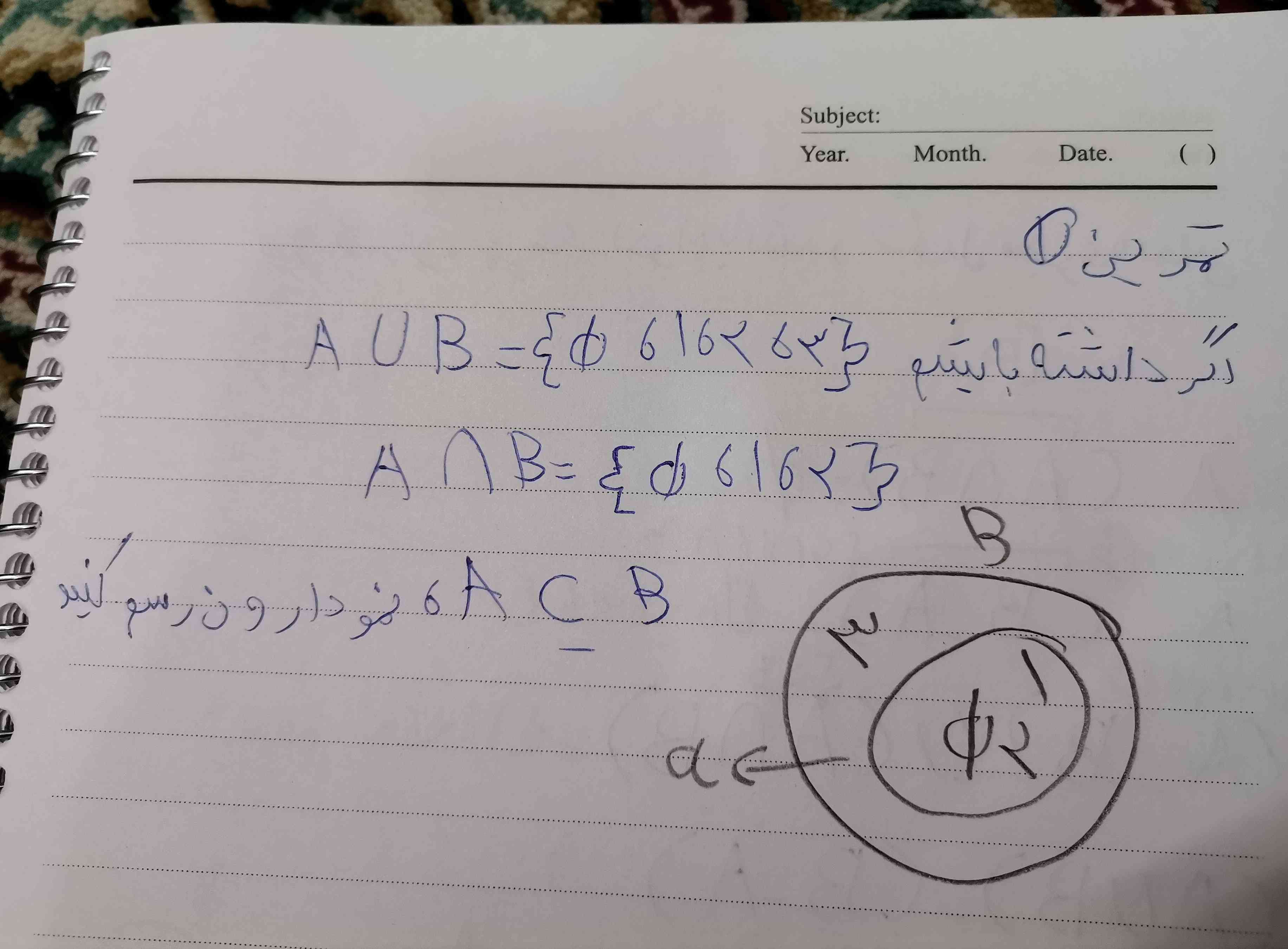 اگر اجتماع AوB شمامل اعداد 1و2و3 و تهی باشد
و اشتراک Aو B شامل تهی و 1و2 باشد نمودار ون ان را رسم کنید 