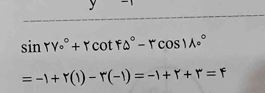 معرکه ، تاج 
سینوس ۲۷۰ مگه صفر نیست ؟ چرا تو کتاب زده منفی یک 
کوتانژانت ۴۵ مگه رادیکال سه سوم نیست ؟ چرا تو کتاب زده یک ؟
کسینوس ۱۸۰ مگه صفر نیست ؟ چرا تو کتاب زده منفی یک ؟