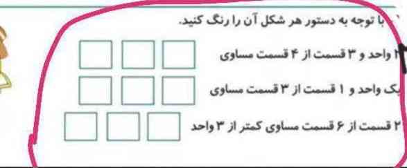 باتوجه به دستورهرشکل آن رارنگ کنید
۲واحدو۳قسمت از۴قسمت مساوی
یک واحدو۱قسمت از۳قسمت مساوی
۳قسمت از۶قسمت مساوی کمتراز۳واحد