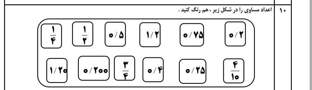 اعداد مساوی را در شکل زیر، هم رنگ کنید 