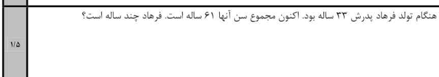 هنگام تولد فرهاد پدرش ۳۳ ساله بود . 
اکنون مجموع سن آن ها ۶۱ هست .
فرهاد چند ساله هست؟