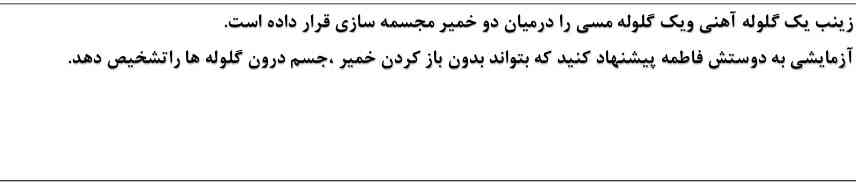 زینب یک گلوله آهنی و یک گلوله مسی را در میان دو خمیر مجسمه سازی قرار داده است.