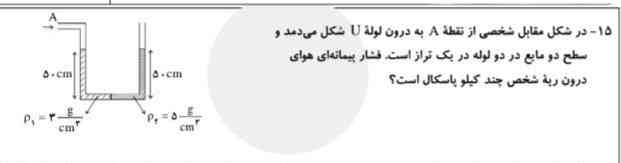 در شکل مقابل شخصی از نقطه a به درون لوله یوشک می‌دمد و سطح دو مایع در دو لوله در یک تراز است فشار پیمانه‌ای هوای درون ریه شخص چند کیلو پاسکال است