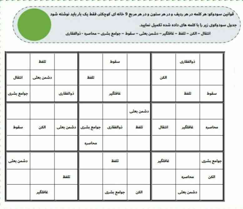 جدول سودوکو با کلمات داده شده در تصویر تکمیل کنید