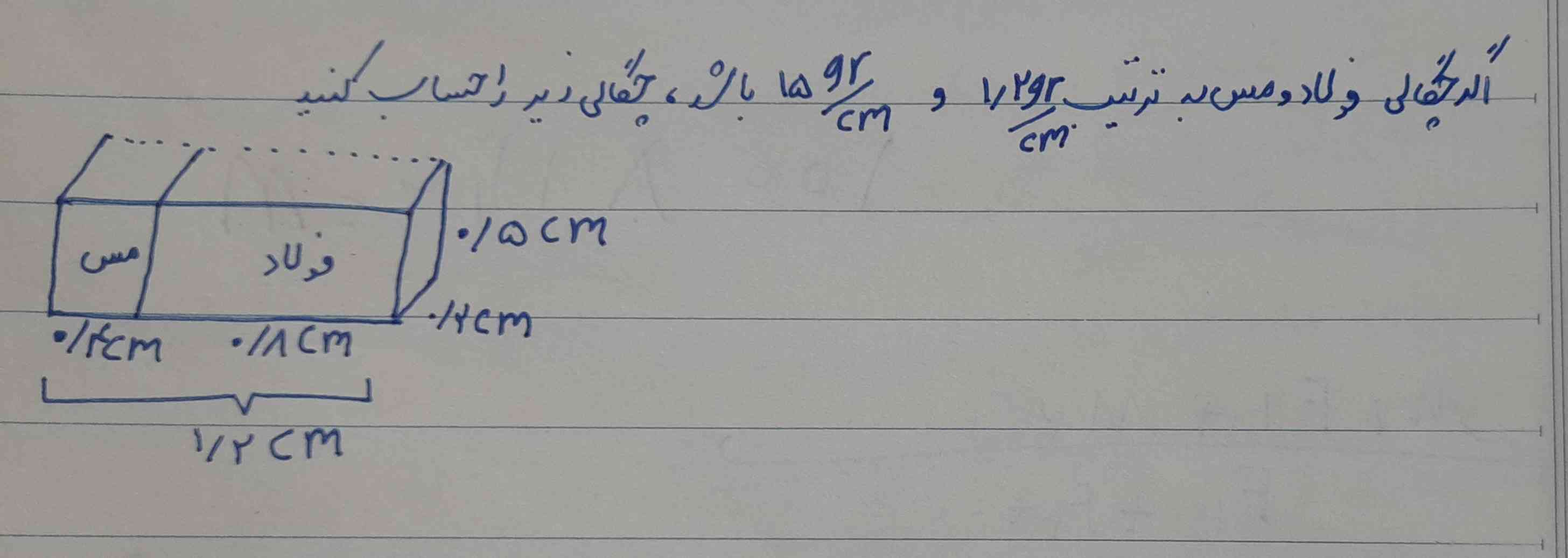 اگر چگالی فولاد و مس به ترتیب ۱/۲ گرم برم سانتی متر و ۱۵ گرم بر سانتی متر باشد، چگالی زیر را حساب کنید.
شکل تو تصویره