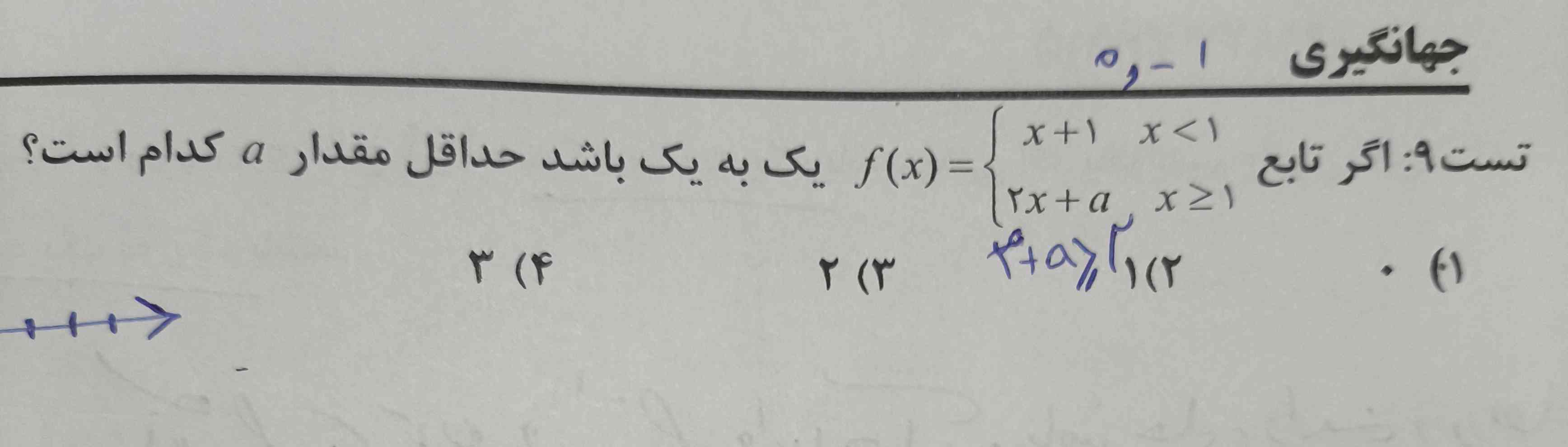 اگر تابع زیر یک به یک باشد حداقل مقدار aکدام است؟!$$ f(x)=(x + 1) x < 1 // 2x + a/: x /geqslant 1 $$