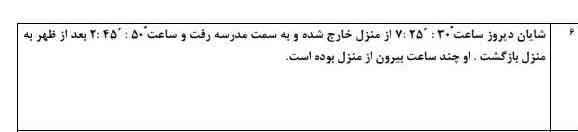 شایان دیروز ساعت 7.25.30ازمنزل خارج شده وبه سمت مدرسه رفت وساعت 2.45.50.بعد ازظهر به منزل بازگشت اوچند ساعت بیرون ازمنزل بوده است