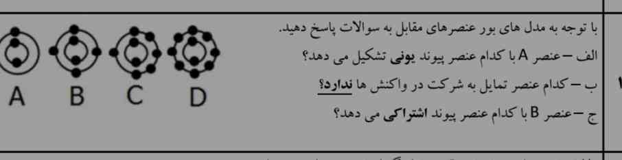 با توجه به مدل اتمی بور برای عنصر ها زیر به سوالات پاسخ دهید