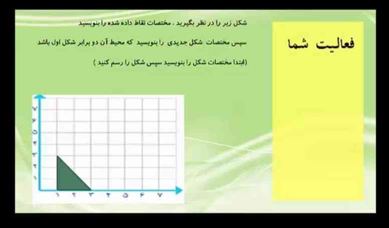 شکل زیر را در نظر بگیرید مختصات نقاط داده شده را بنویسید سپس مختصات شکل جدید را بنویسید که محیط آن دو برابر شکل اول باشد ابتدا مختصات شکل را بنویسید سپس شکل را رسم کنید