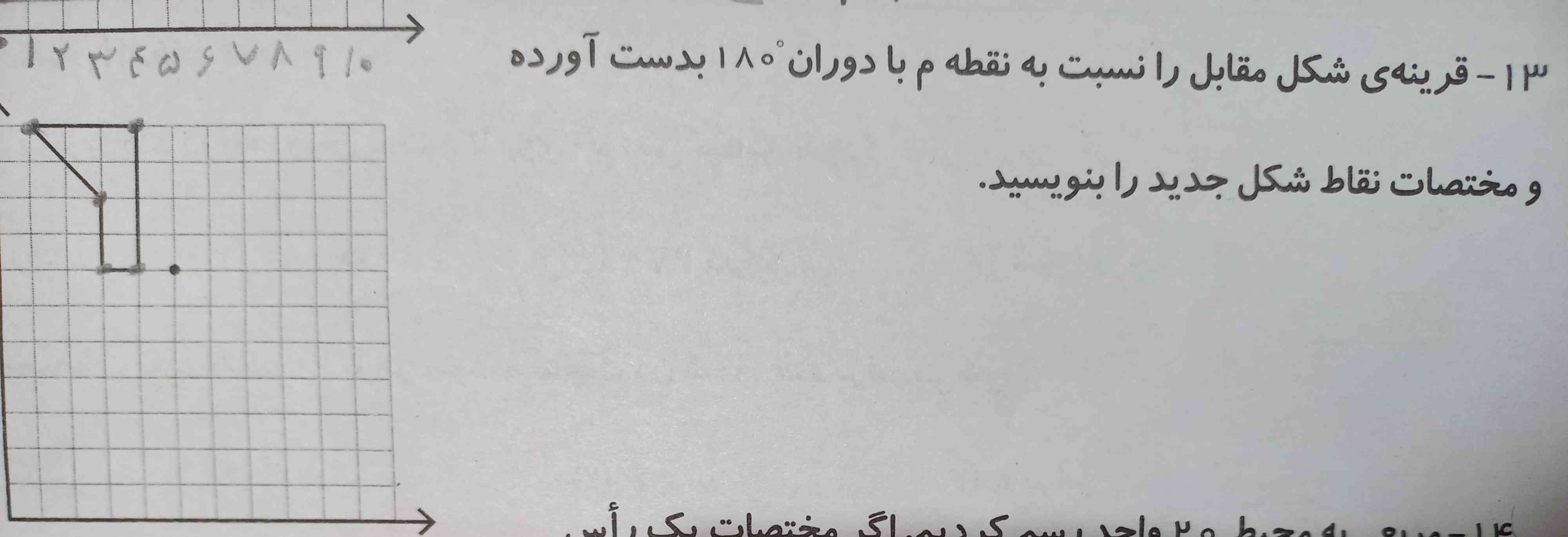 قرینه ی شکل مقابل را نسبت به نقطه م با دوران ۱۸۰ بدست آورده و مختصات نقاط شکل جدید را بنویسید 