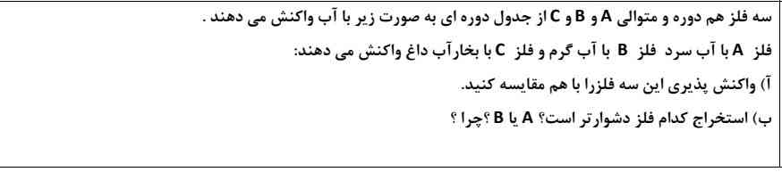 سه فلز هم دوره متوالی A و B و C از جدول دوره ای به صورت زیر با اب واکنش می دهند . واکنش پذیری فلز Bبا اب گرم و فلزC با بخار آب داغ واکنش می دهند:
الف) واکنش پذیری این سه فلز را با هم مقایسه کنید.
ب ) استخراج کدام‌ فلز دشوار تر است ؟ A یاB ؟چرا ؟