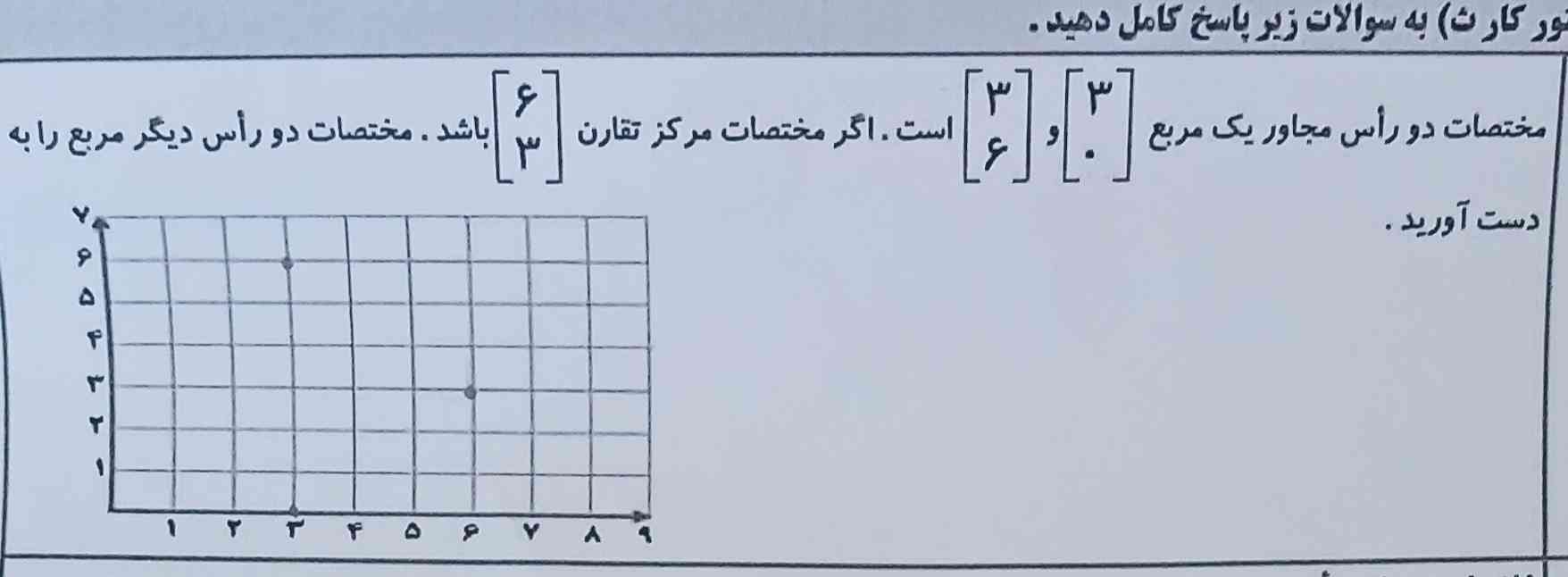 مختصات دو راس مجاور یک مربع سه صفر و سه شش است. اگر مختصات مرکز تقارن شش سه باشد مختصات دو راس ديگر مربع را به دست آورید