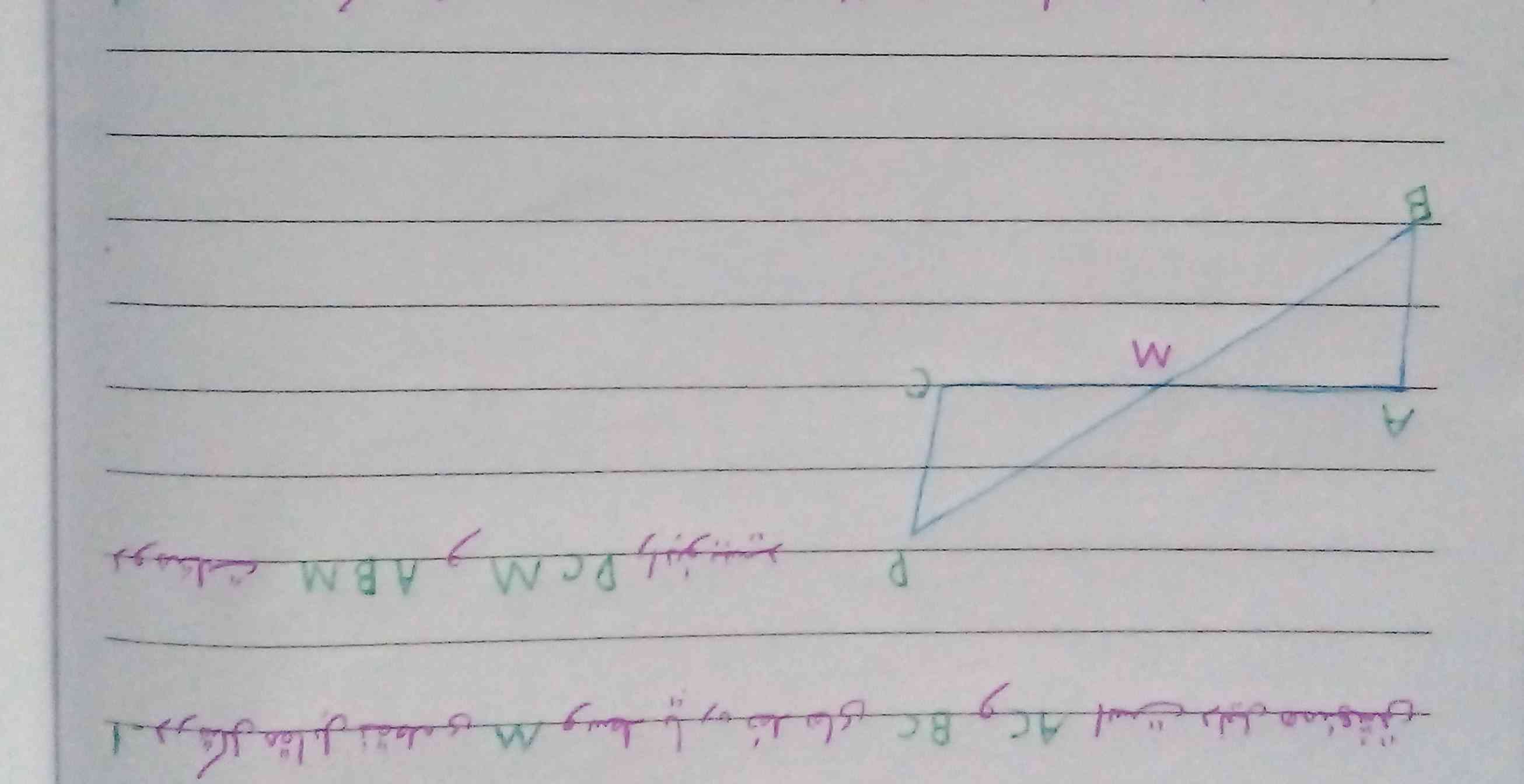 در شکل مقابل نقطه ی M وسط پاره خط های BCوAC است دلیل هم نهشتی  دو مثلث ABM و DBM را بنویسید 