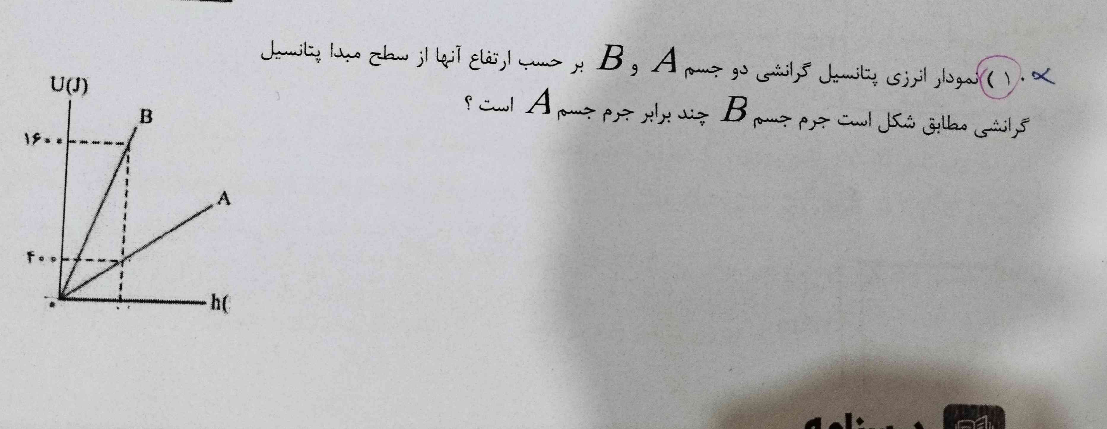 نمودار انرژی پتانسیل گرانشی دو جسم A و B بر حسب ارتفاع آنها از سطح مندا پتانسیل گرانشی مطابق شکل است حرم جسم 13 چند برابر جرم جسم A است ؟