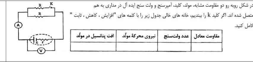 در شکل مقابل دو مقاومت مشابه مولد کلید آمپرسنج و ولت سنج ایده‌آل در مداری به هم متصل شده‌اند اگر کلید را ببندیم مقاومت معادل نیروی محرکه مولد دد ولت سنج افت پتانسیل در مولد چه تغییری می‌کند با کلمات کاهش ثابت و افزایش