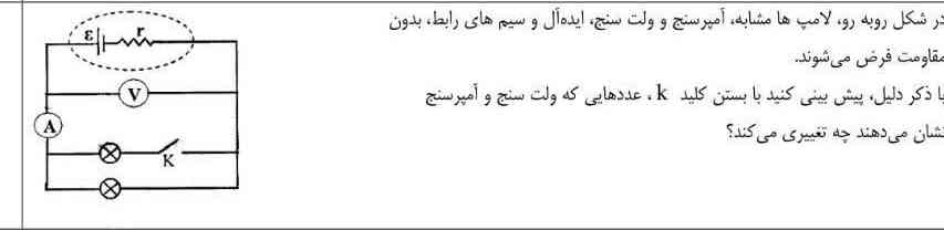 در مدار مقابل لامپ‌ها مشابه و آمپرسنج و ولت سنج ایده آل هستند و سیم‌های رابط بدون مقاومت هستند.
با بستن کلید  ولت سنج و آمپرسنج چه عددهایی را نشان می‌دهند