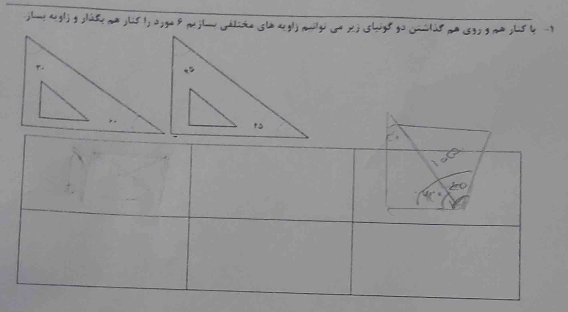 با کنار همو روی هم گذاشتن دو گونیا زیر میتوانیم زاویه های مختلفی بسازیم۶مورد کنار هم بگذار و زاویه بساز