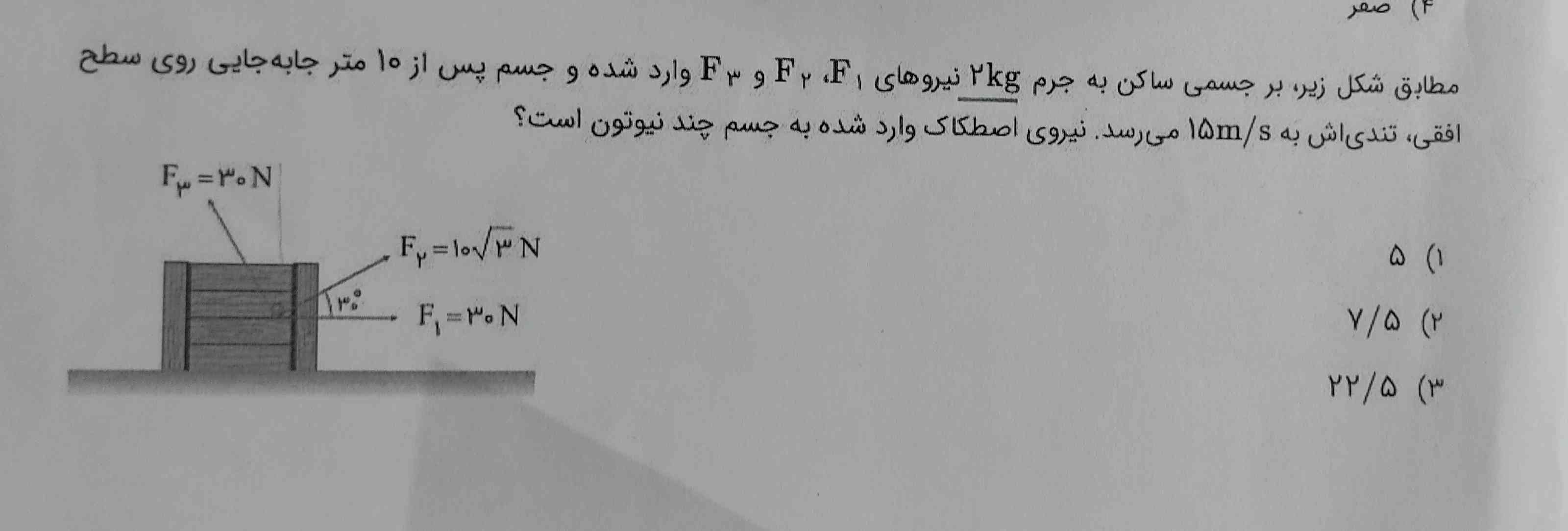 مطابق شکل زیر بر جسمی ساکن به جرم دو کیلوگرم نیروهای اف ۱ اف ۲ و اف ۳ وارد شده و جسم پس از ۱۰ متر جابجایی روی سطح افقی ندیش به ۱۵ متر بر ثانیه می‌رسد نیروی اصطکاک وارد شده به جسم چند نیوتن است