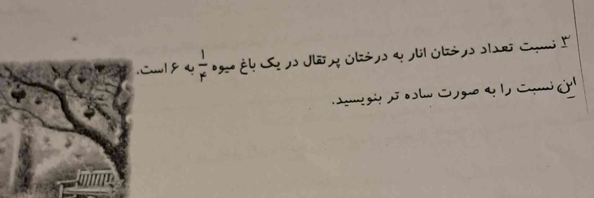 نسبت تعداد درختان انار به درختان پرتقال در یک باغ میوه ۱چهارم به ۶ است . این نسبت را به صورت ساده تر بنویسید