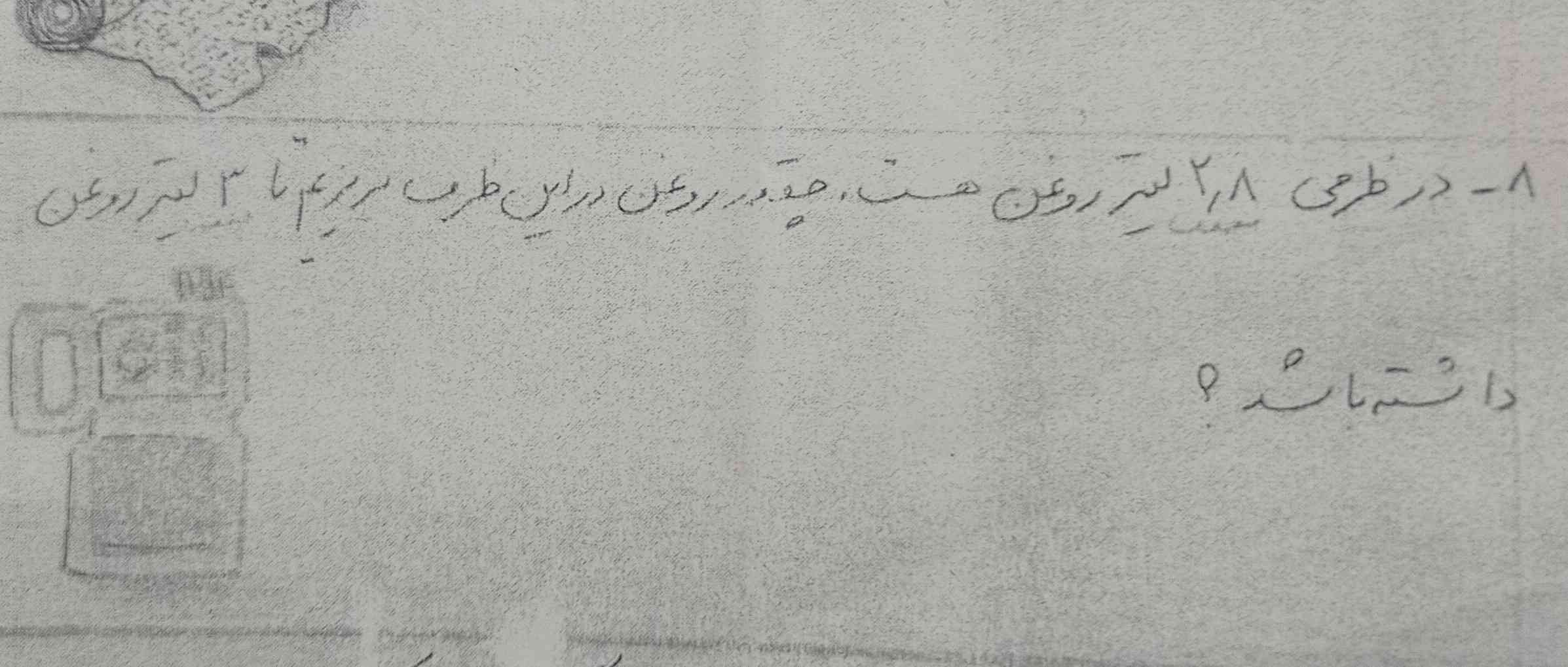 در ظرفی ۲/۸ لیتر روغن هست چقدر روغن دراین ظرف میریزیم تا ۳ لیتر روغن داشته ؟ لطفاً جواب سوال بدین معرکه میدم؟