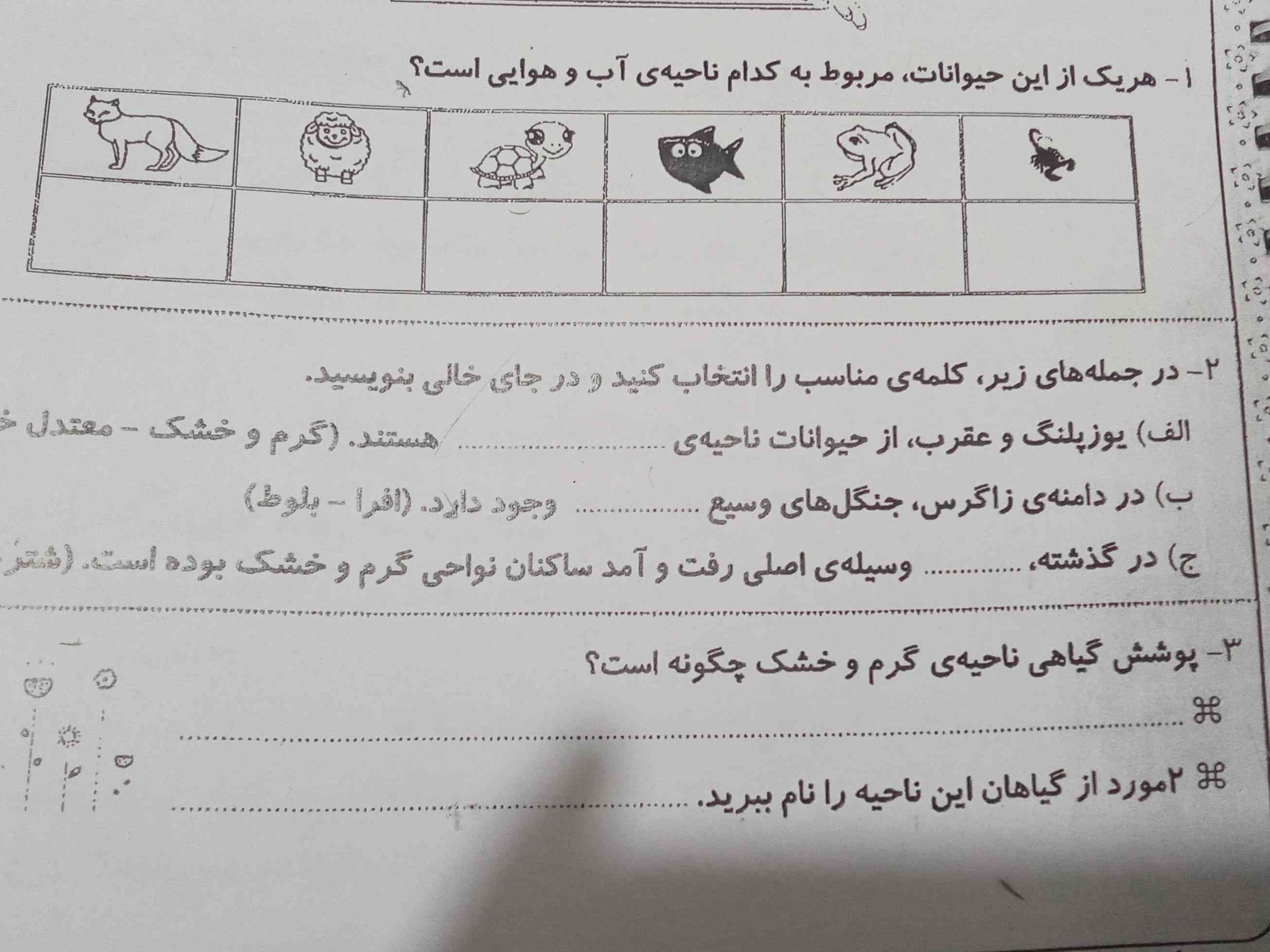 در جمله زیر کلمات مناسب را انتخاب کنید و درجای خالی بنویسید
یوز پلنگ وعقرب از حیوانات جا خالی است 