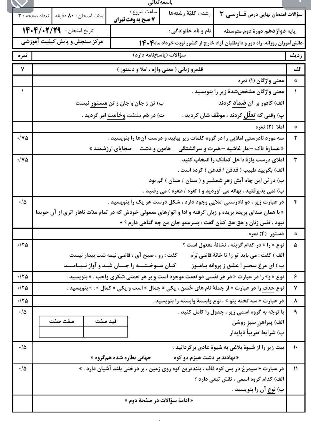 سوالات فارسی  صفحه اول