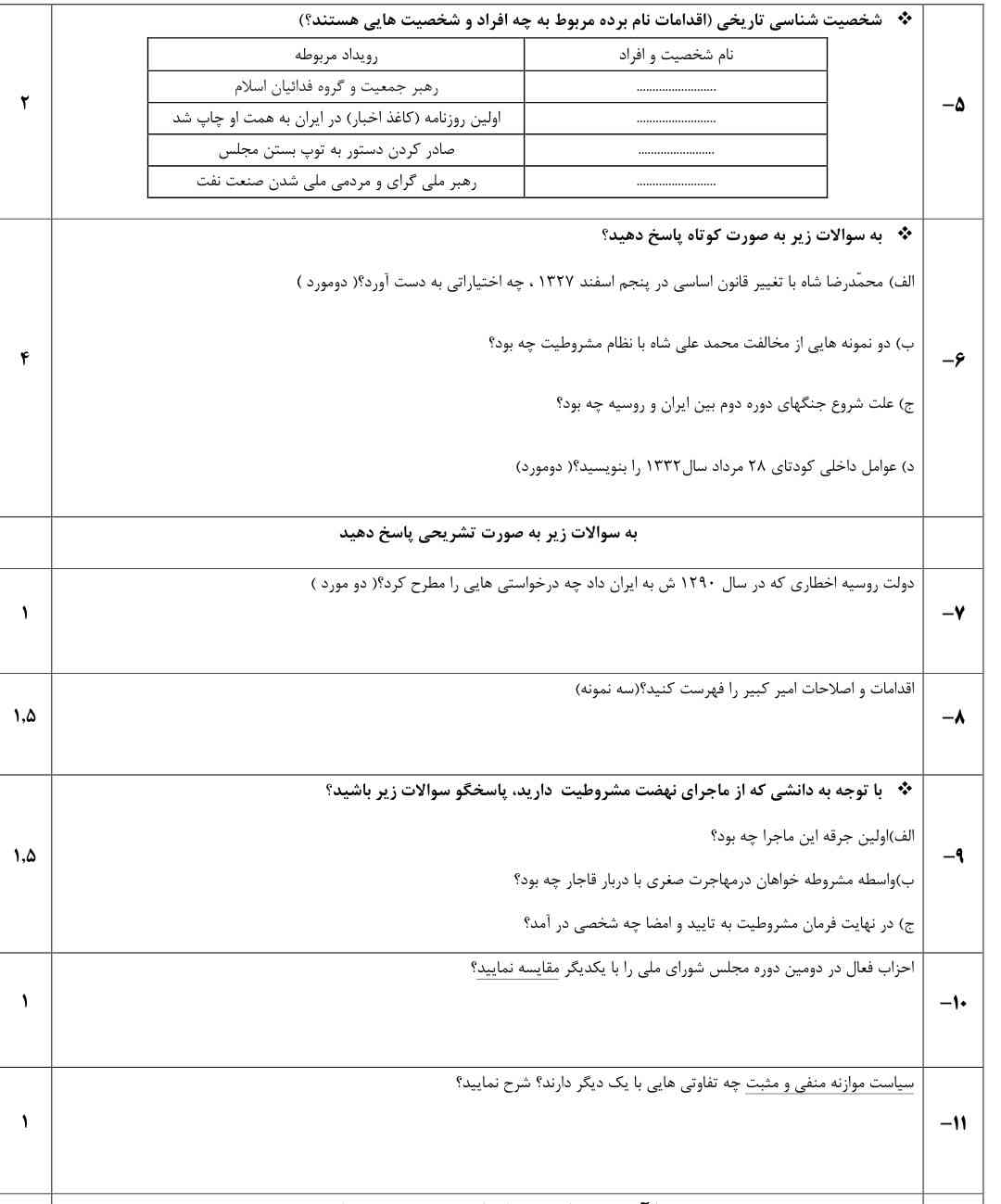 سوالات نوبت اول تاریخ معاصر لطفا جواب بدین ممنون