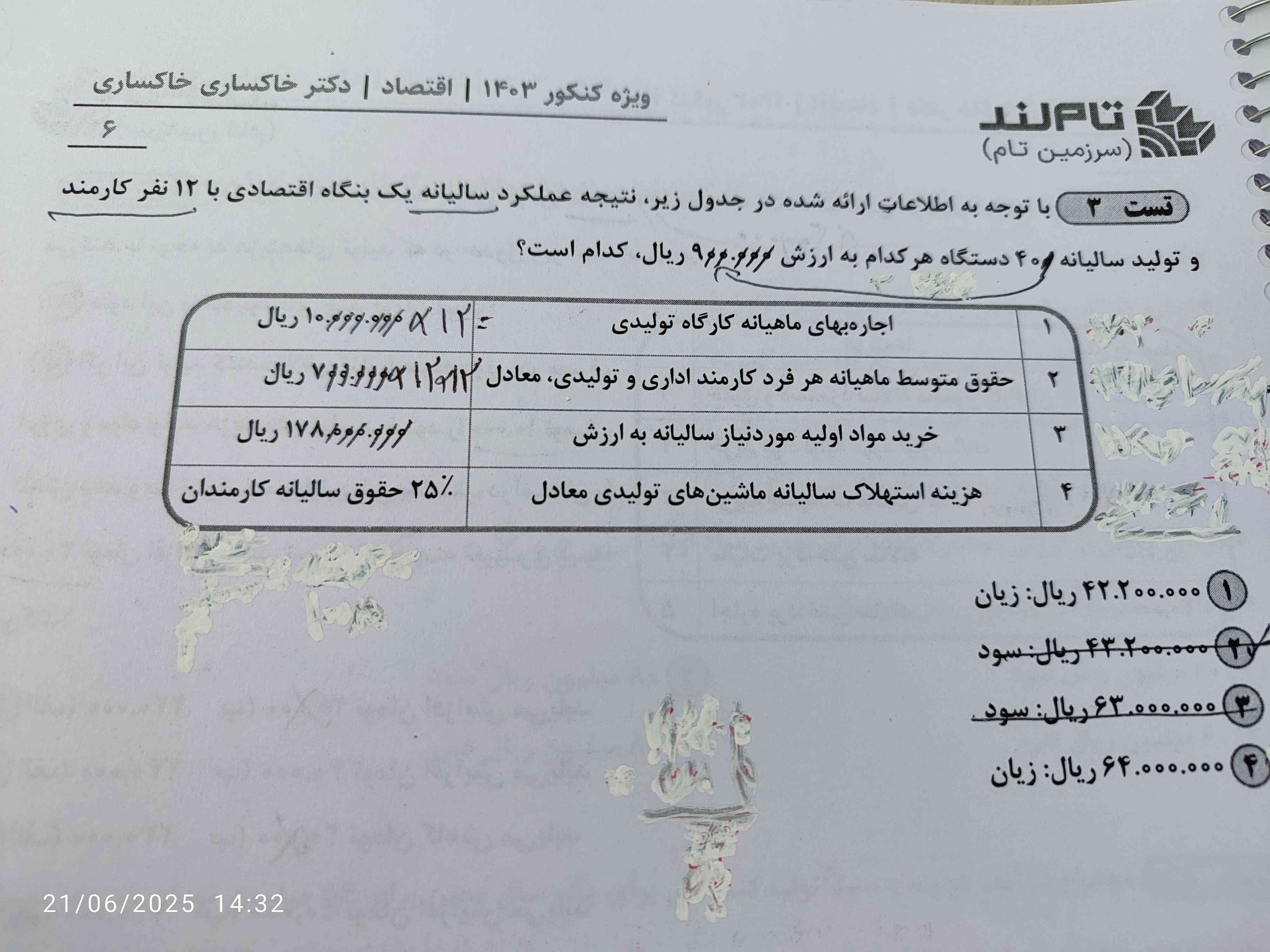 سلام بچه ها این تست و برام حل کنید بی زحمت پاسخ تشریحی برام بفرستید هرجور انجام میدم درست در نمیاد
